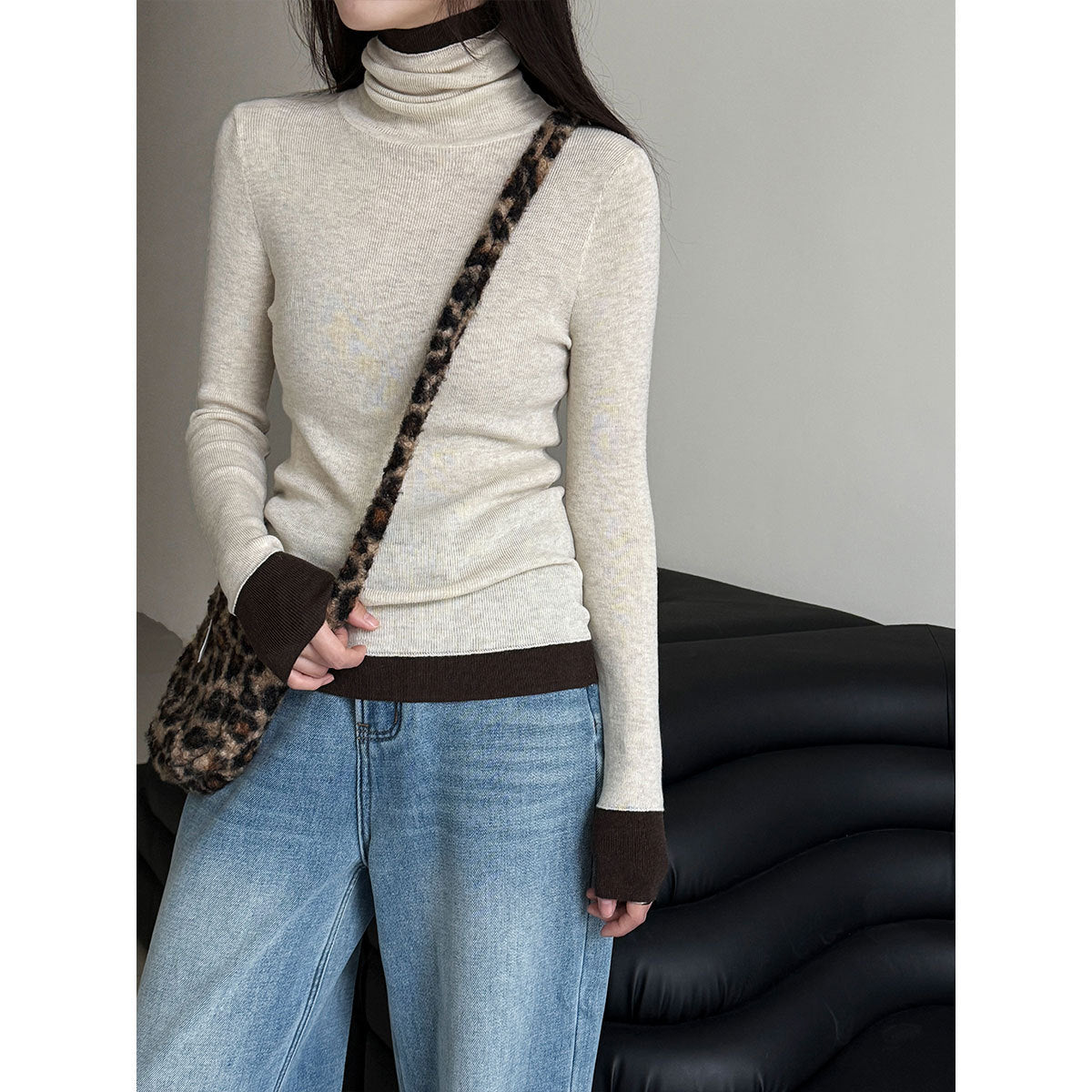 High-end contrasting color turtleneck bottomed knitted sweater for women's autumn and winter new slim-fitting and thin soft waxy top