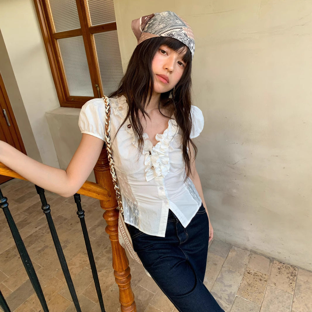 Sweet age-reducing fungus edge design slim-fitting short-sleeved shirt