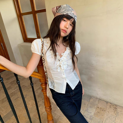 Sweet age-reducing fungus edge design slim-fitting short-sleeved shirt