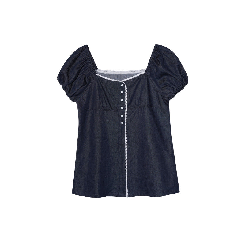 Contrast Denim Square Neck Top