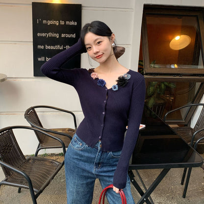 Sweet three-dimensional flower single-breasted v-neck pit strip sweater cardigan