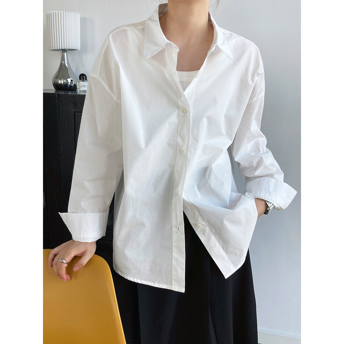 Autumn new 60 cotton solid color long-sleeved shirt women's simple loose overlay casual shirt