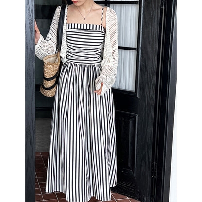 French striped tube top suspender dress for women's high-end off-the-shoulder pleated waist A-word long dress summer