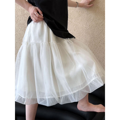 Tulle Mesh Skirt Women Korean Style A-Line Elastic Waist Mid-Length