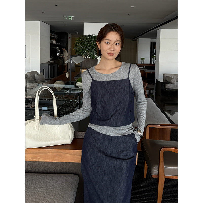 Tencel long T-shirt + suspender + denim skirt