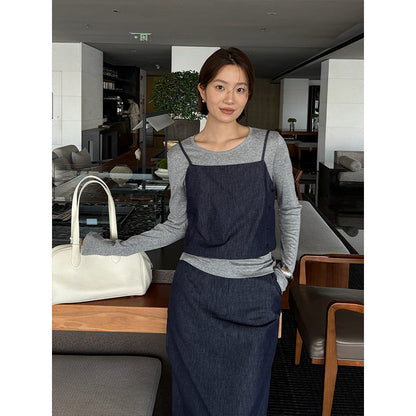 Tencel long T-shirt + suspender + denim skirt