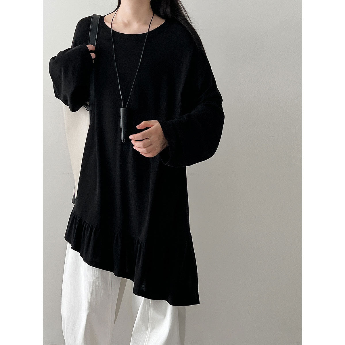 Korean splicing pendant splicing ruffle edge T-shirt women's early spring new design long-sleeved top