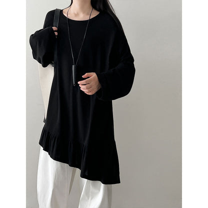 Korean splicing pendant splicing ruffle edge T-shirt women's early spring new design long-sleeved top