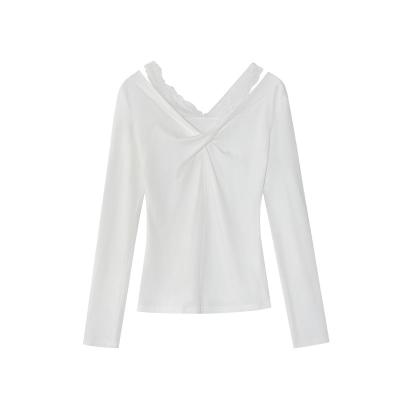 V-Neck Long Sleeve Lace Shoulder Strap Off-Shoulder Top