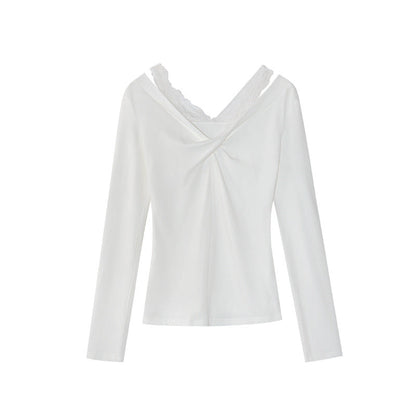 V-Neck Long Sleeve Lace Shoulder Strap Off-Shoulder Top