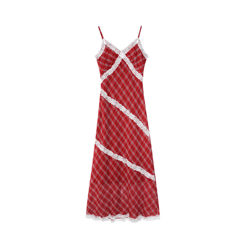 Red checked lace stitching suspender dress