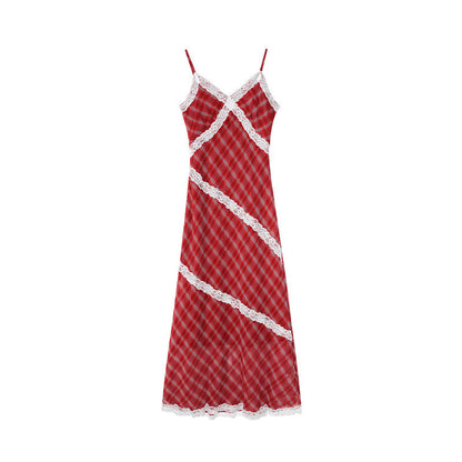 Red checked lace stitching suspender dress