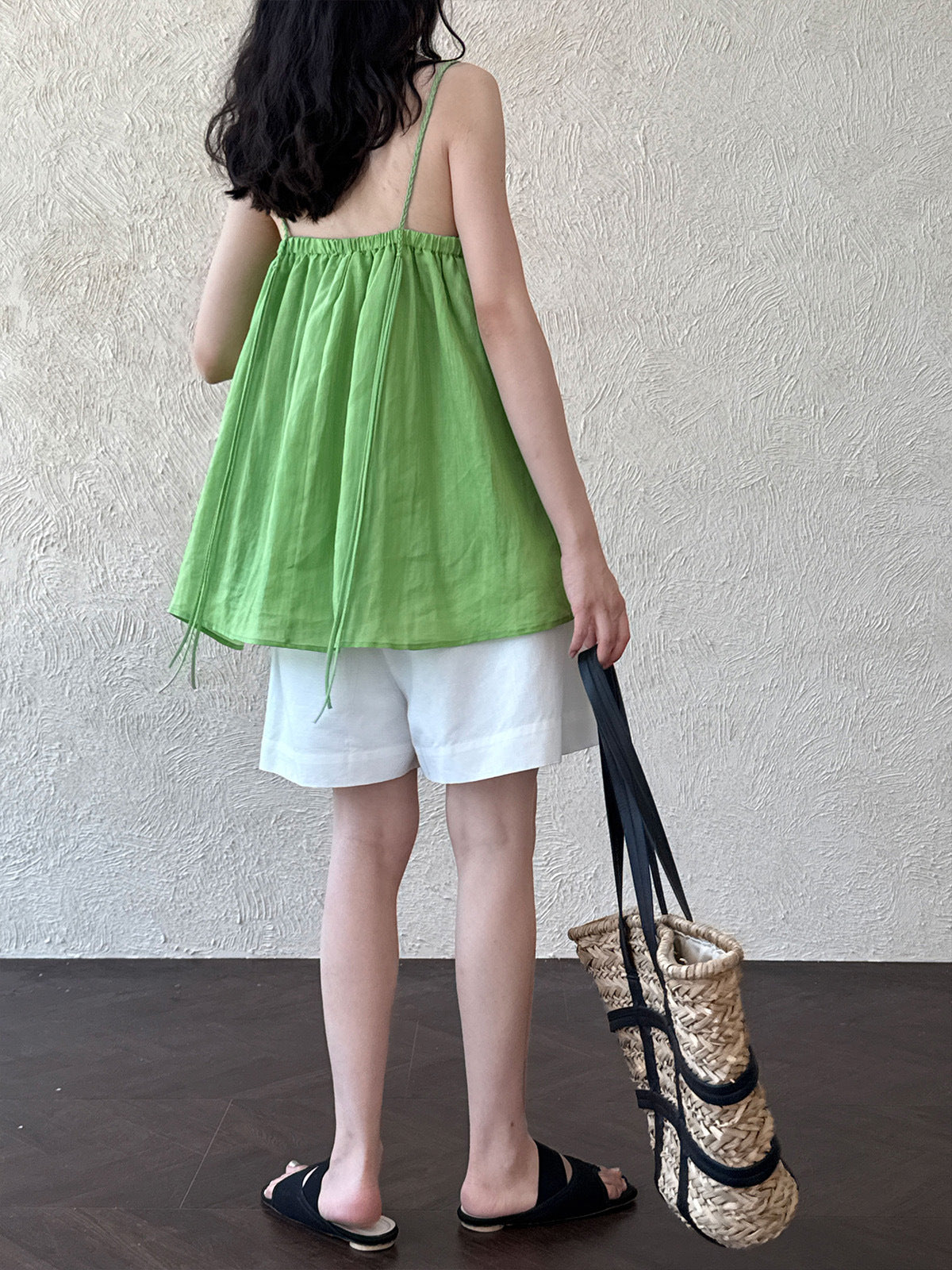 Pleated round neck woven shoulder strap vest women's summernew arrivalkorean style sleeveless loose suspender tops
