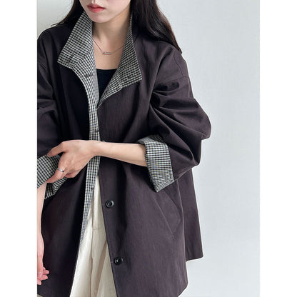 Plaid splicing stand-up collar British style medium and long trench coat women's autumn new silhouette loose coat