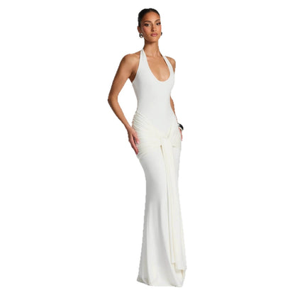 New fashion streamer splicing suspender long dress slim-fitting hip-wrapped European and American style neck dress dress