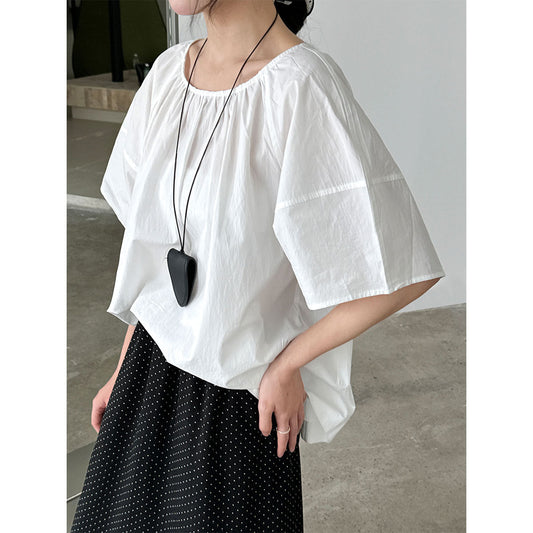 Korean back strap backless age-reducing shirt summer new pleated round neck short-sleeved shirt top