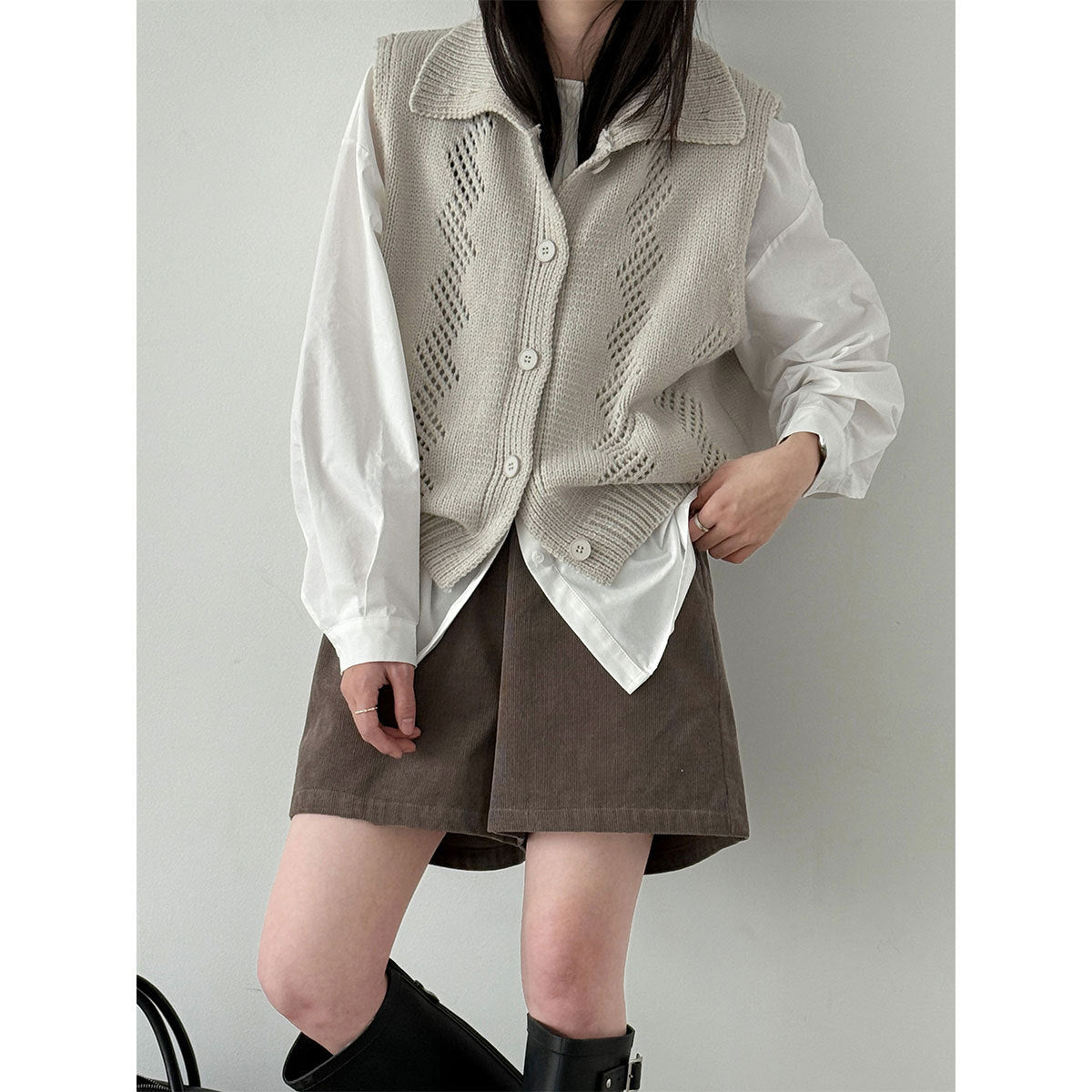 韩系翻领针织马甲女春季新款镂空钩花无袖坎肩背心