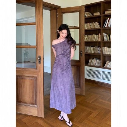 Slant collar temperament cotton and linen drape off-the-shoulder dress