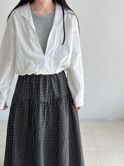 Korean simple fake two lazy style shirts in summer, a new spliced V-neck age-reducing long-sleeved shirt
