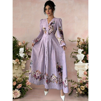 Autumn Ladies Elegant Floral Print V-Neck Button Front Split Lantern Sleeve Waist Vacation Dress