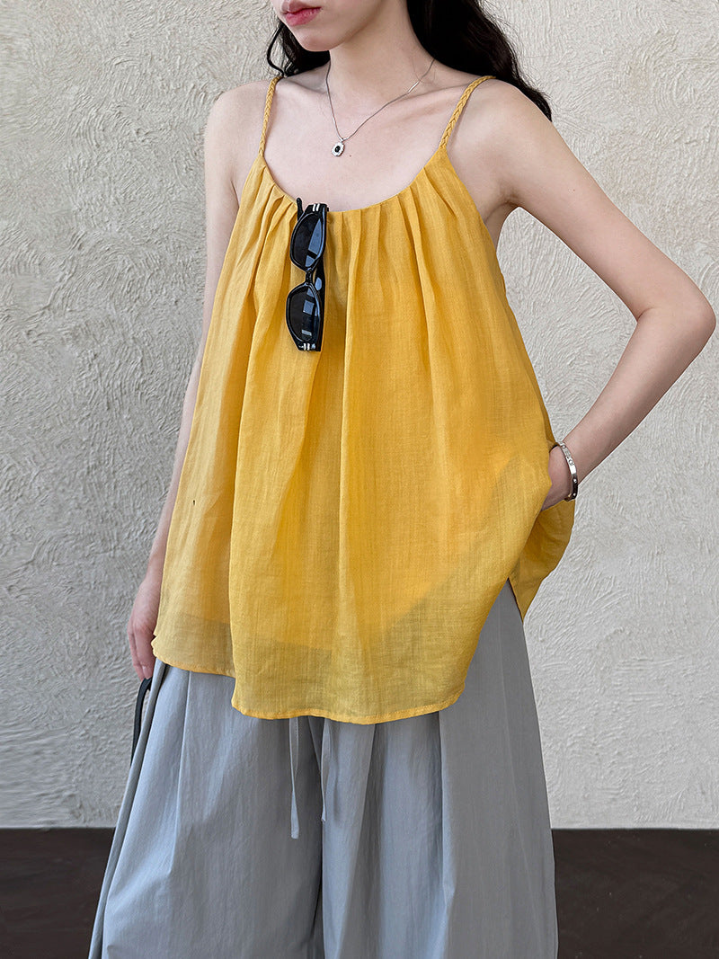 Pleated round neck woven shoulder strap vest women's summernew arrivalkorean style sleeveless loose suspender tops