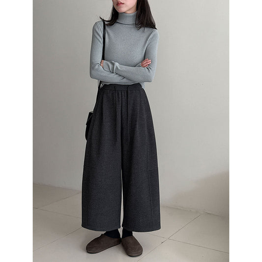 Elastic waist woolen slacks women's autumn and winter new loose wide-leg pants versatile straight cropped pants