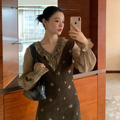 Gentle temperament perspective fungus edge lace-up long-sleeved shirt women