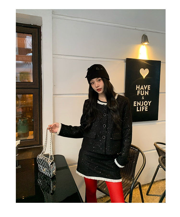 Women's Chanel-Style Lace Spliced Jacket & Mini Skirt Two-Piece Set