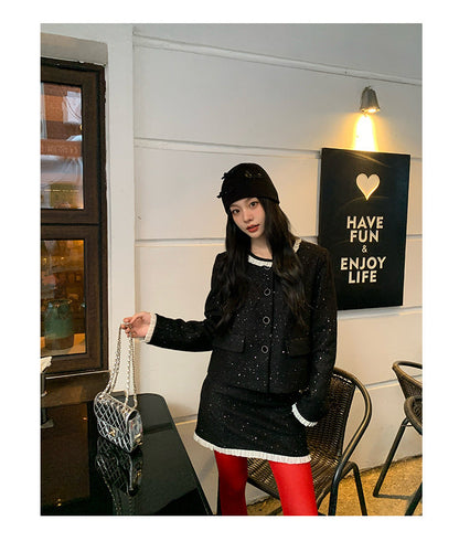 Women's Chanel-Style Lace Spliced Jacket & Mini Skirt Two-Piece Set