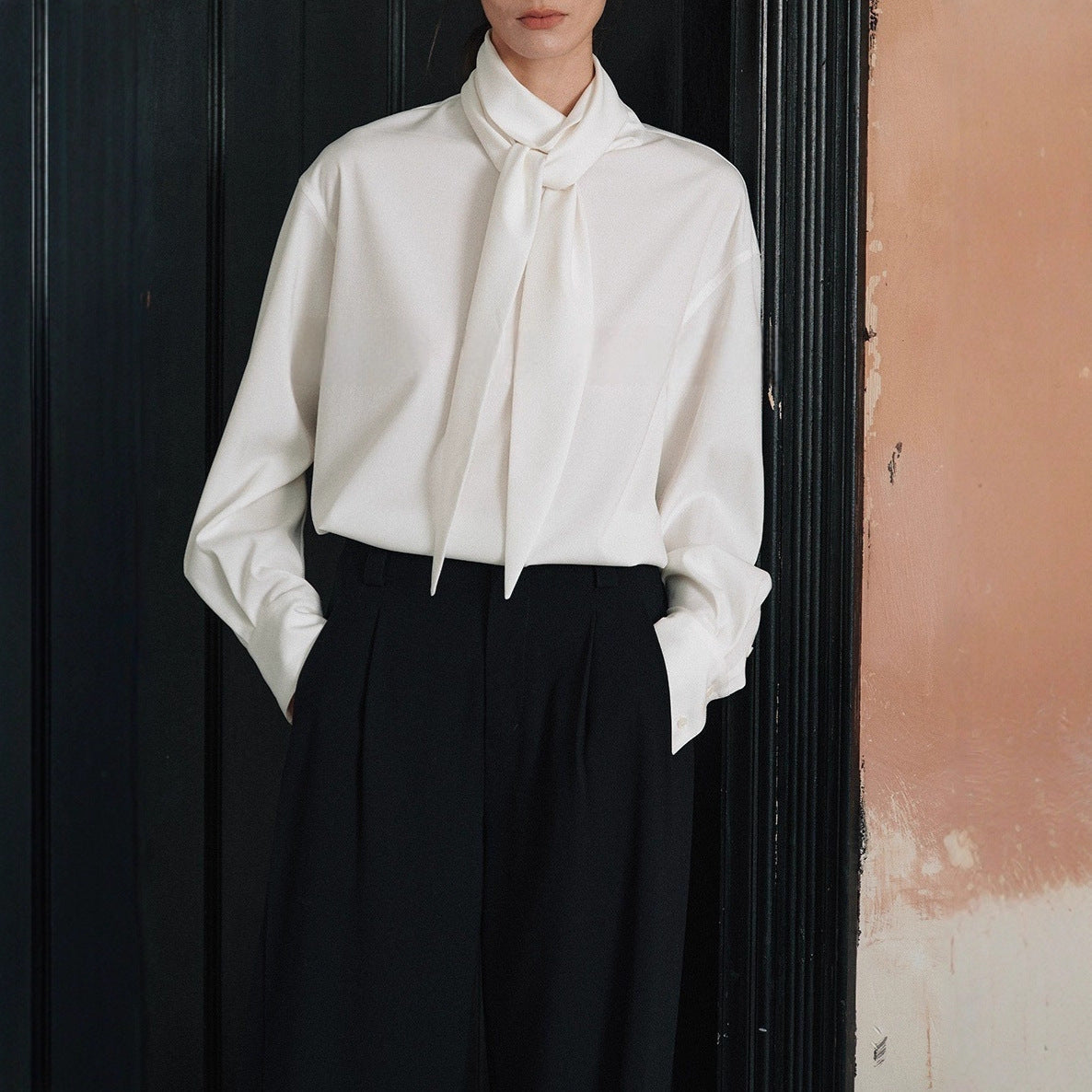 Lapel Long Sleeve Shirt Women Slim Fit Solid Color Tie-Front Top