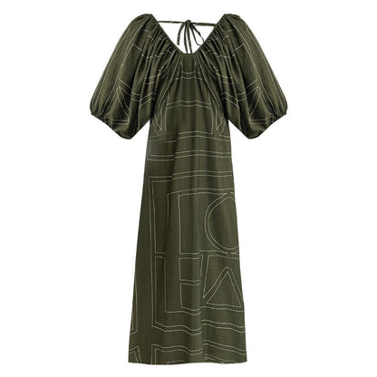 Korean puff sleeve resort style V-neck backless strap skirt summer new puff sleeve dress