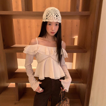 French pure desire ruffle edge small sexy off-the-shoulder suspender chiffon shirt
