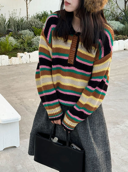 Korean striped polo neck sweater women's autumn and winter long-sleeved loose soft waxy knitted sweater colored top