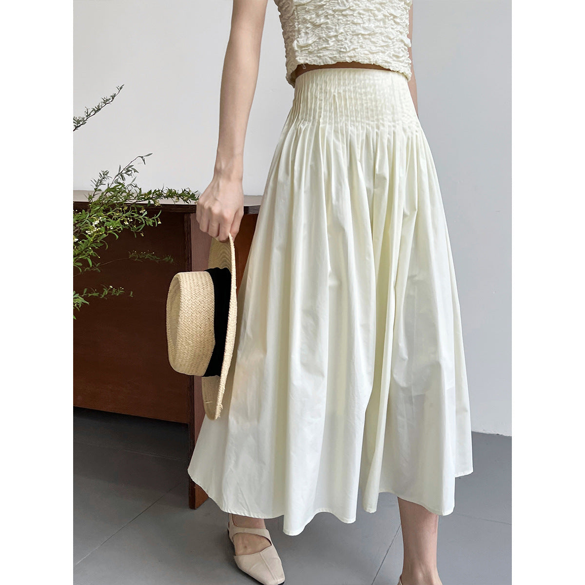 Pink high waist temperament design sense pleated big pendulum A-shaped skirt medium and long sweet umbrella skirt women
