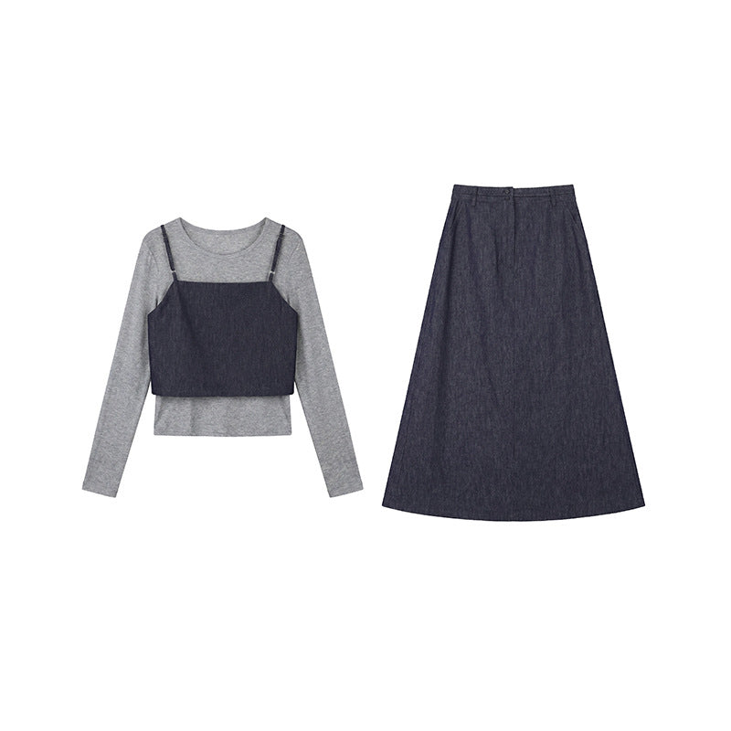 Tencel long T-shirt + suspender + denim skirt