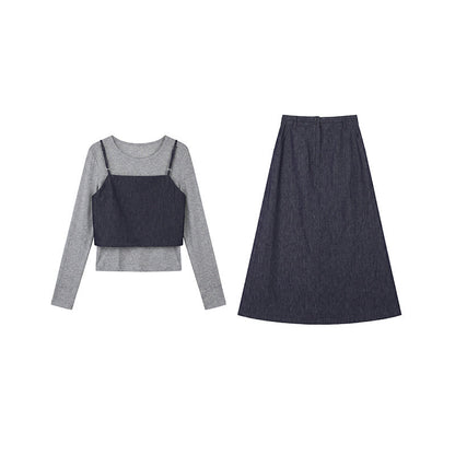 Tencel long T-shirt + suspender + denim skirt
