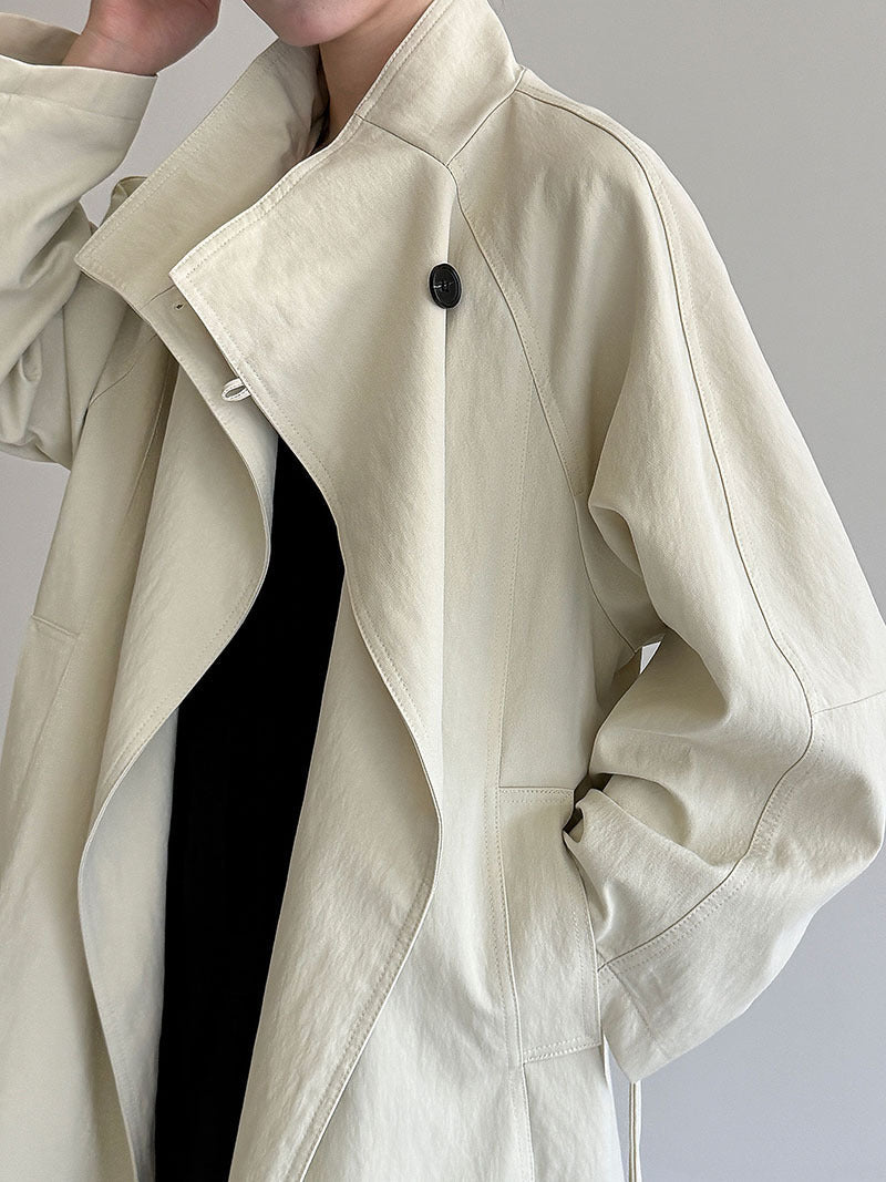 Korean high-end one-button stand-up collar loose coat women's autumn new medium and long trench coat