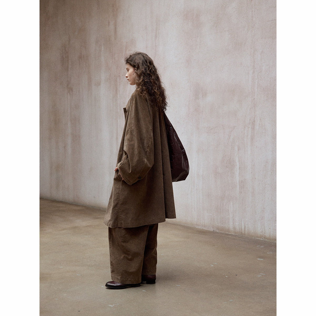Pure handmade dirty dyed velvet washing process retro small square neck silhouette trench coat
