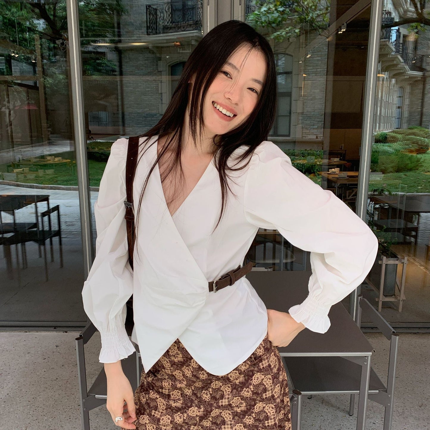 Temperament diagonal placket waist leather buckle v-neck long-sleeved shirt