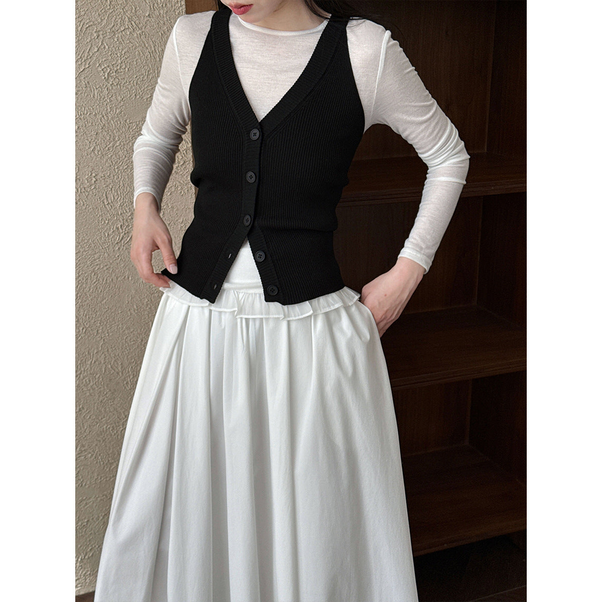 Korean basic lace splicing hem long-sleeved T-shirt women's spring and summer new thin round neck base