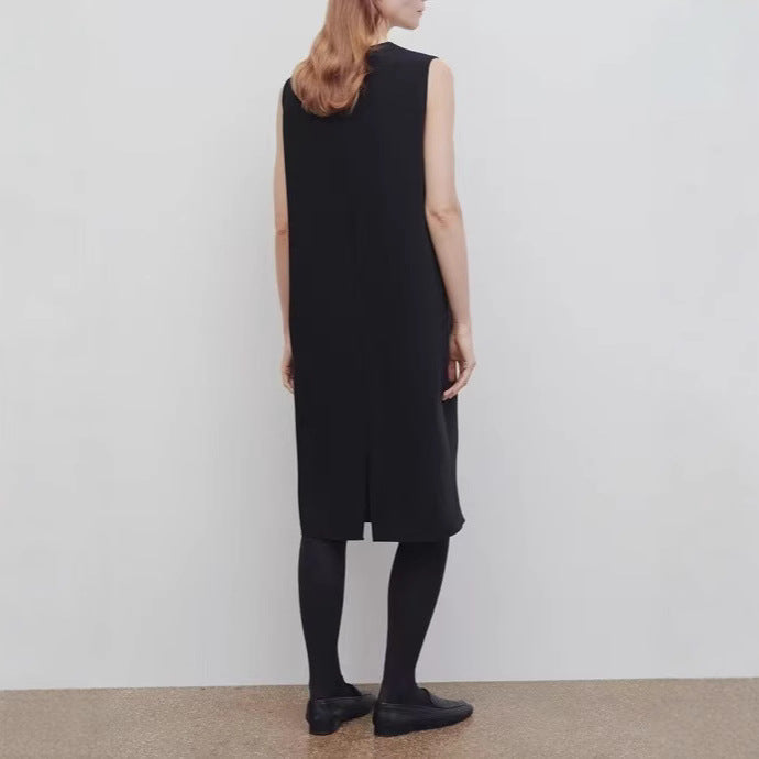 Round Neck Sleeveless Dress Women High Waist Straight Midi Acetate