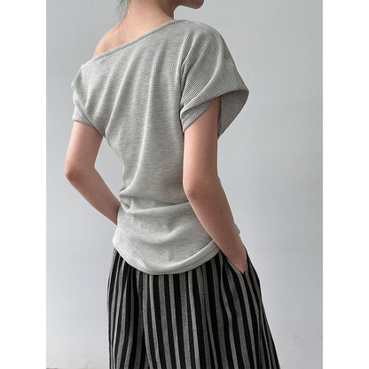 Waffle asymmetrical slanted shoulder kink T-shirt women's summer new slim slim slim Spice Girl top thin