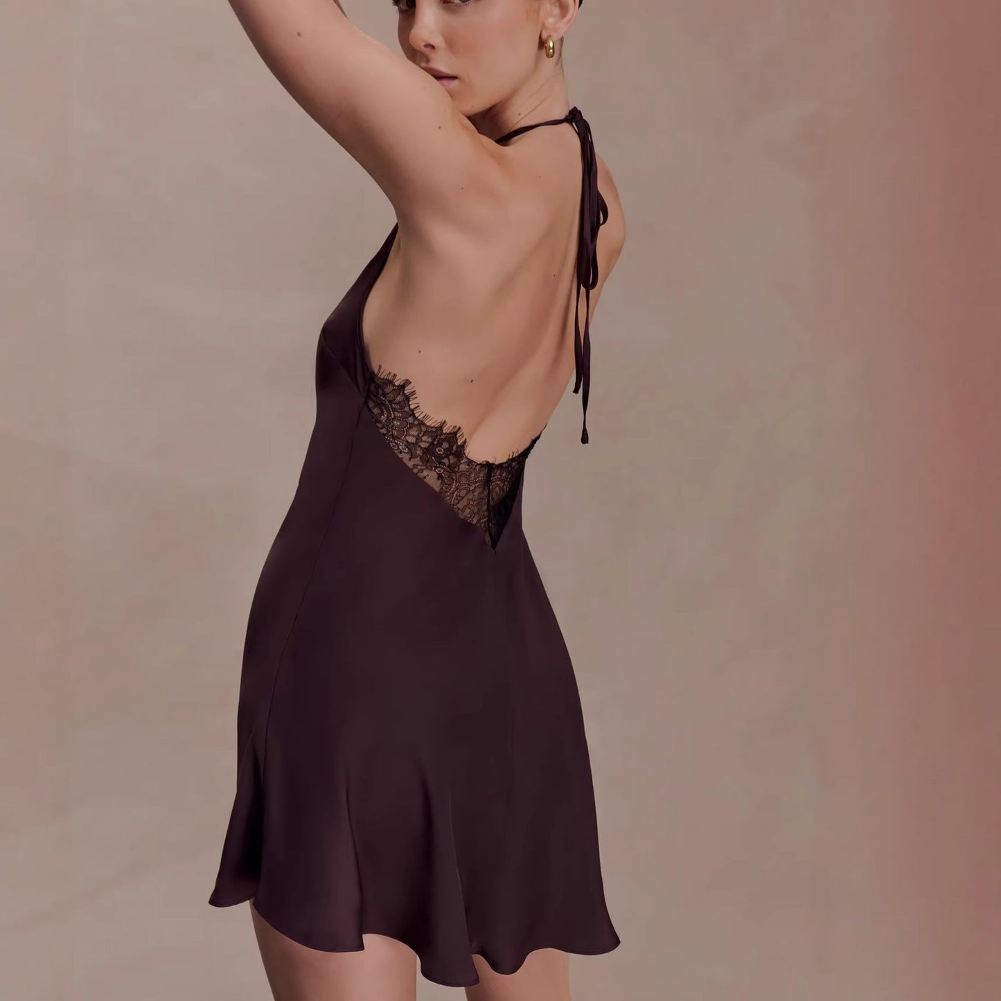 Sexy lace lace-up skirt backless slim fit European and American satin dress