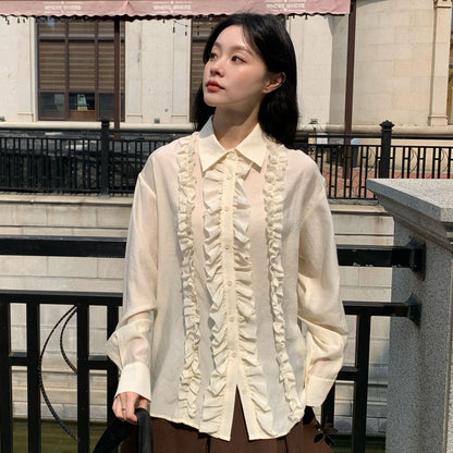 Korean Sheer Splice Ruffle Polo Shirt – Long Sleeve Loose Blouse