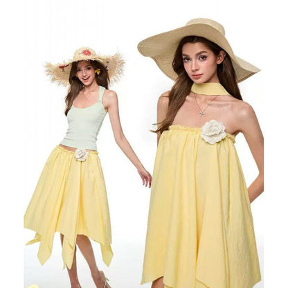 Yellow Flower Dress Spice Girl Multi-Wear Suspender Skirt French Vacation Dress
