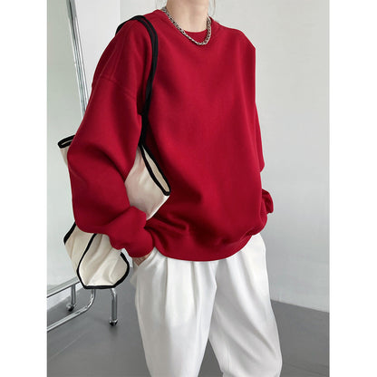 Fleece Thickened Burgundy Sweater Women's Korean Version Minimalist Long Sleeve Pullover