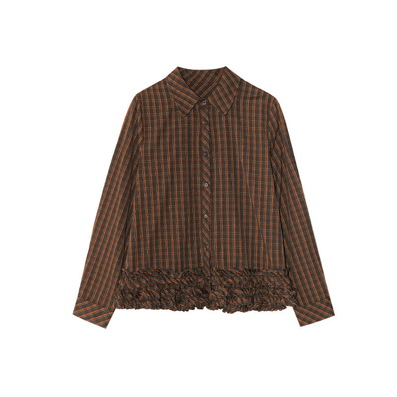 Autumn Merad retro fashion foreign style lapel long-sleeved plaid shirt
