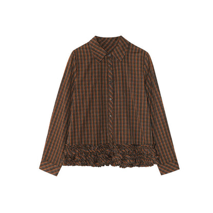 Autumn Merad retro fashion foreign style lapel long-sleeved plaid shirt