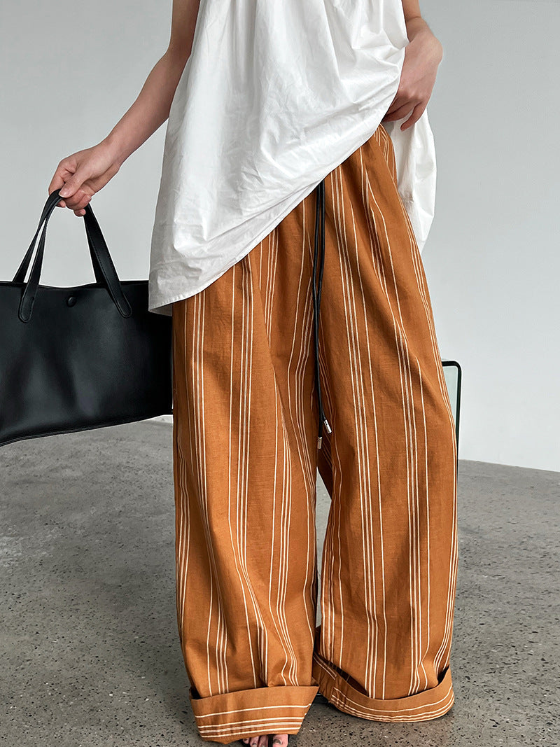 Cotton and linen old money wind striped elastic waist casual pants women's new summer models with belts lazy wide legs
