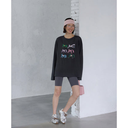 Flax mulberry silk pony print embroidered T-shirt
